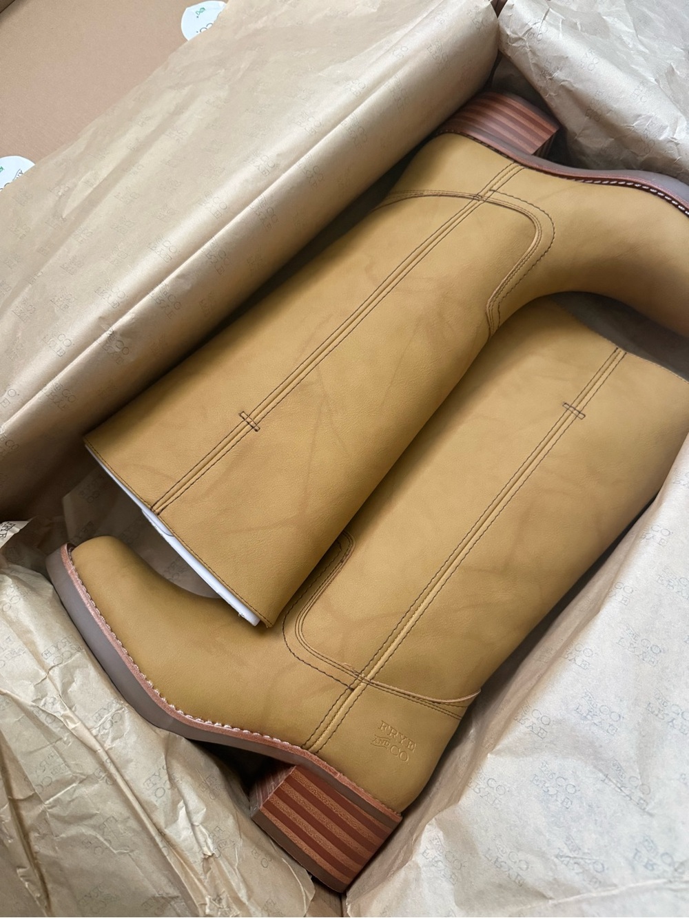 FRYE Tall Leather Heeled Boot in Tan Miranda boot